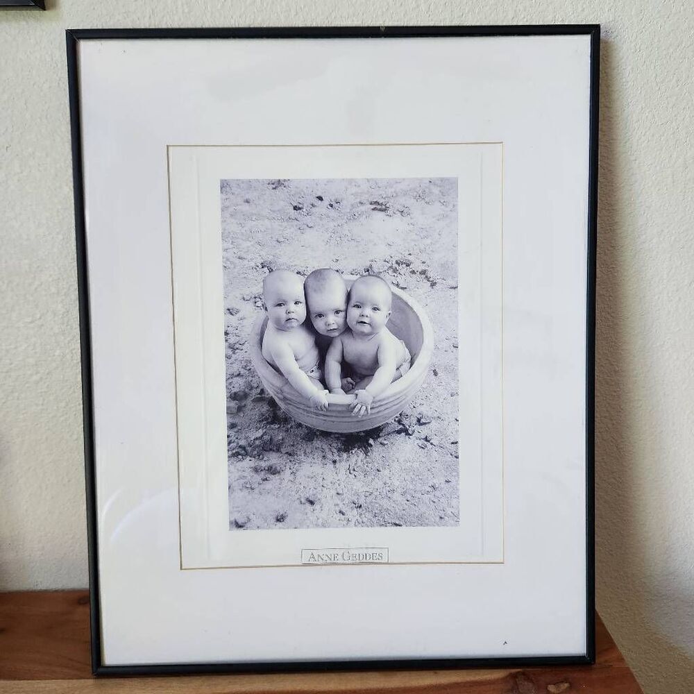 Anne Geddes black white print of triplet babies matted nursery decor